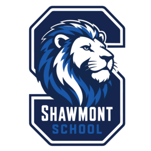 Shawmont School logo featuring a blue and white lion.